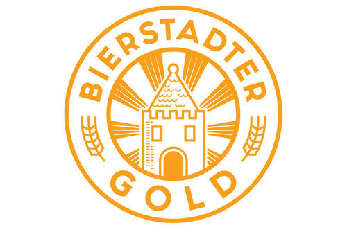 Weißes Logo mit goldener Schrift.