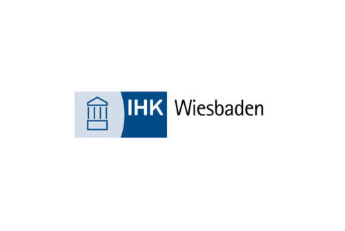 Logo mit schwarzer und weißer Schrift und blau-blauem Signet